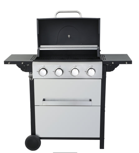 4-Burner Propane Gas BBQ Grill, 34200BTU Output With Wire Enamel Cooking Grids For Outdoor Barbecue, Foldable Side Table, Hanging Basket, Stainless Steel