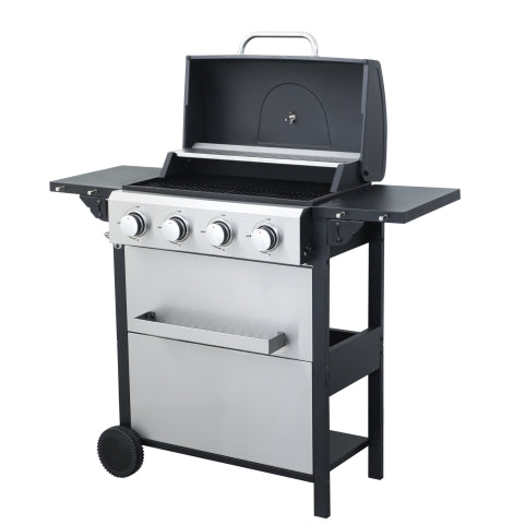 4-Burner Propane Gas BBQ Grill, 34200BTU Output With Wire Enamel Cooking Grids For Outdoor Barbecue, Foldable Side Table, Hanging Basket, Stainless Steel