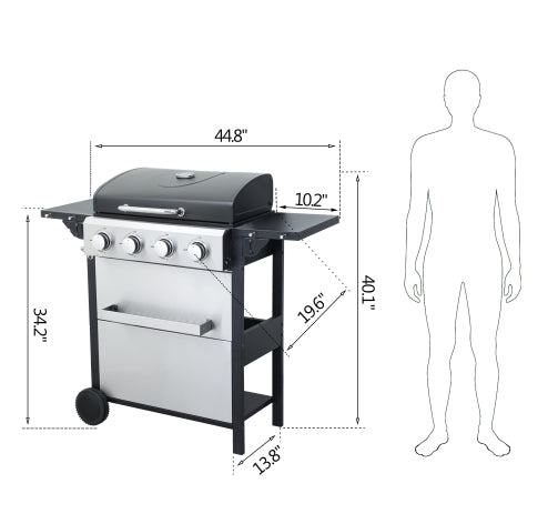 4-Burner Propane Gas BBQ Grill, 34200BTU Output With Wire Enamel Cooking Grids For Outdoor Barbecue, Foldable Side Table, Hanging Basket, Stainless Steel