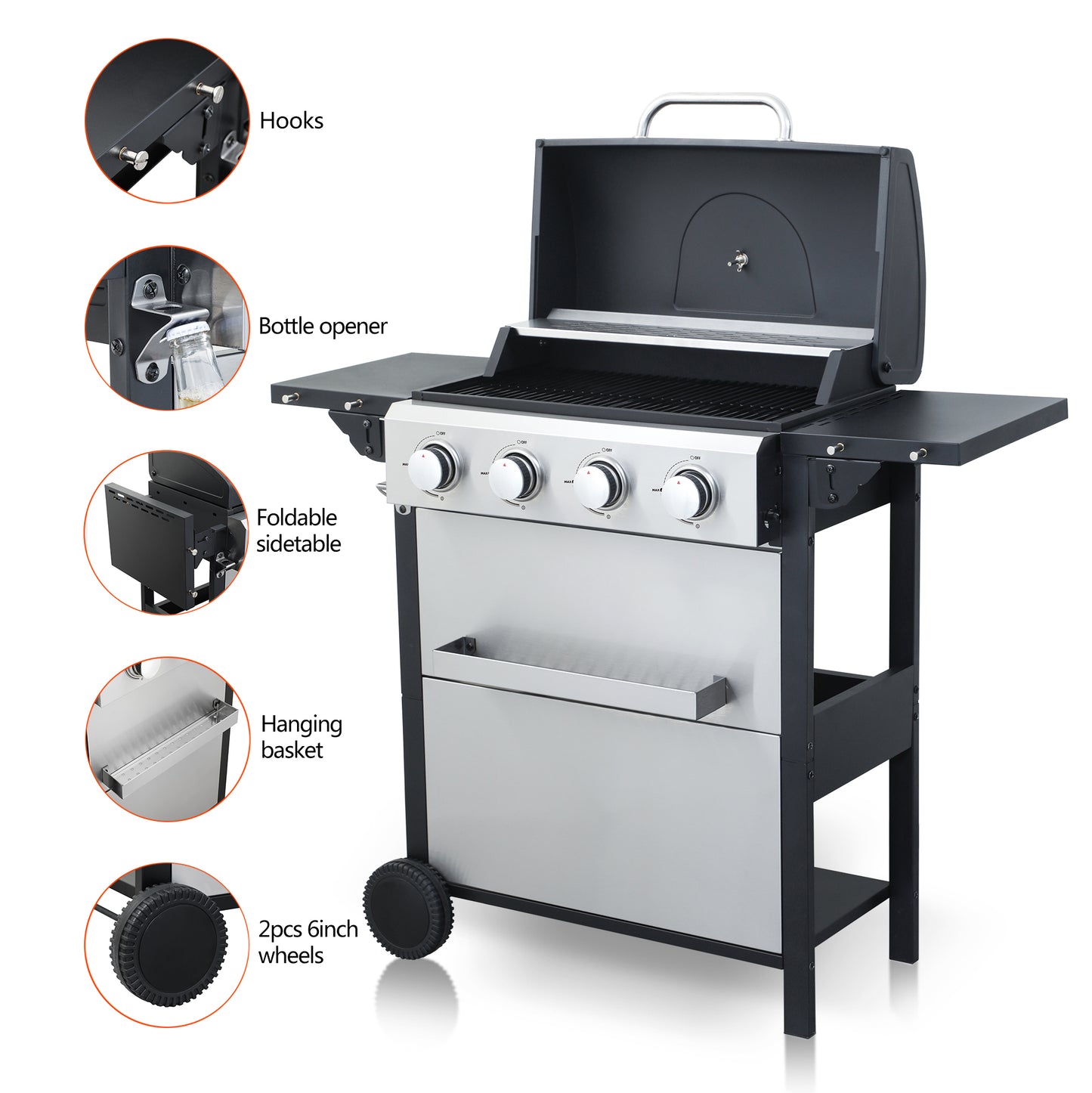 4-Burner Propane Gas BBQ Grill, 34200BTU Output With Wire Enamel Cooking Grids For Outdoor Barbecue, Foldable Side Table, Hanging Basket, Stainless Steel