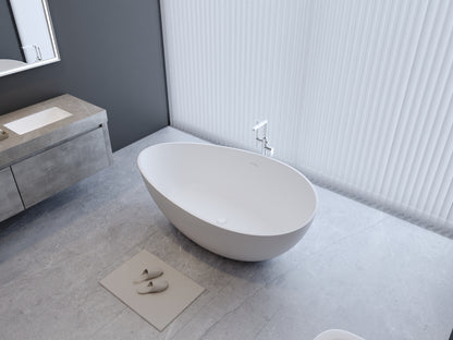 【Spot】-63" Freestanding Solid Surface Bathtub, Luxury Engineered Stone Resin Freestanding Soaking Bathtub with Overflow and Pop-up Drain for Contemporary Bathroom, Matte White 24S05-63MW