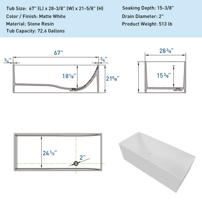 【Spot】-67" Freestanding Solid Surface Bathtub, Stone Resin Freestanding Bath Tub with Overflow and Pop-up Drain, Matte White 24S01-67MW