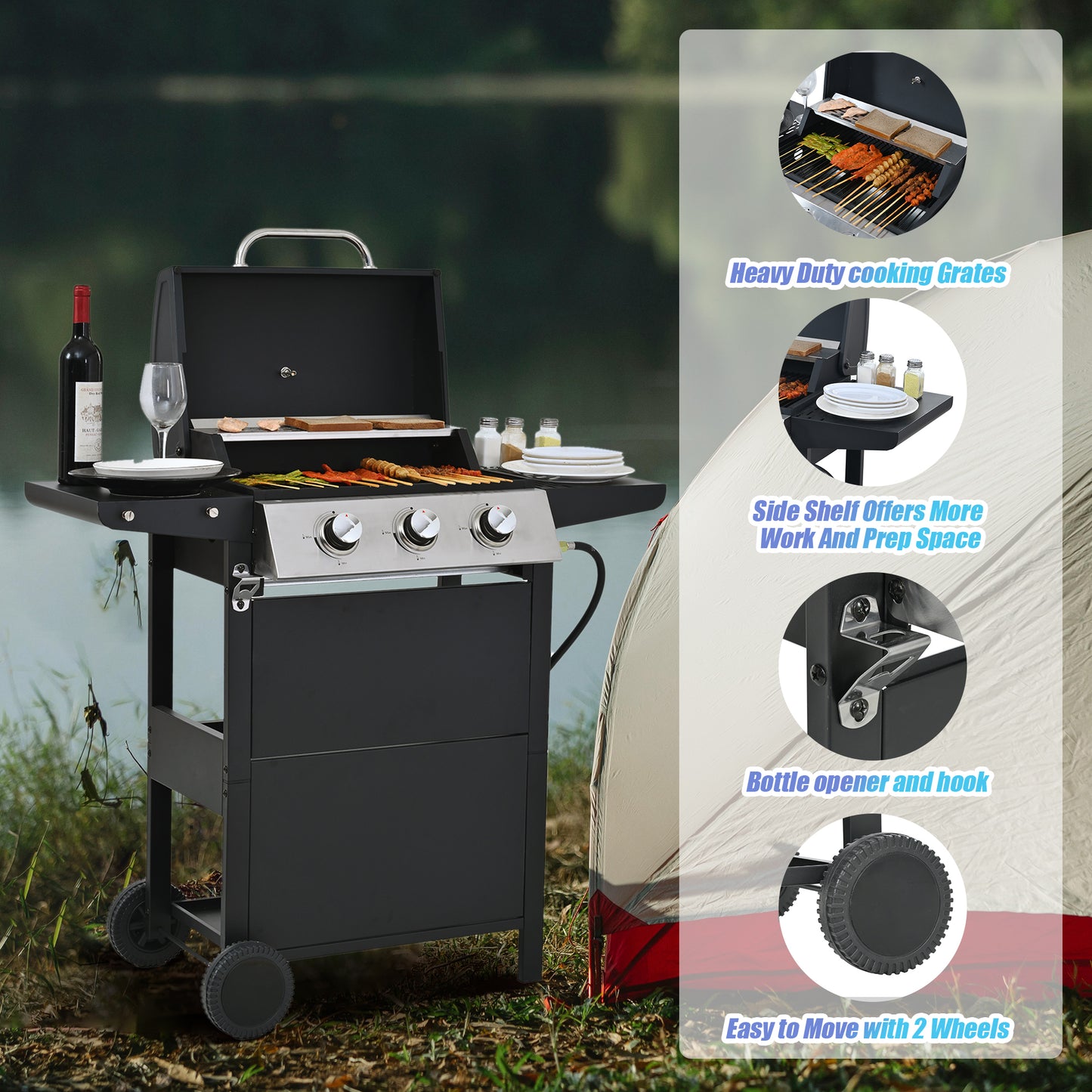 Propane Gas Grill 3 Burner Barbecue Grill, Stainless Steel 26,000 BTU Patio Garden Barbecue Grill with Two Shelves, Lid, Wheels and Bottle Opener