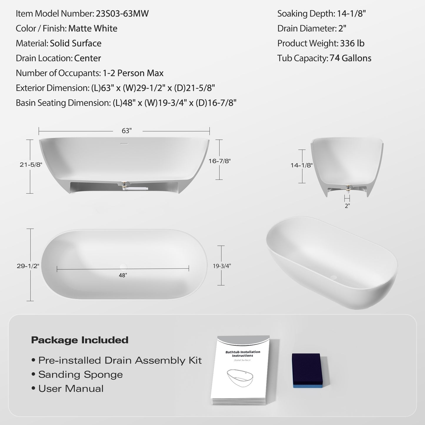 【Spot】-63" Freestanding Solid Surface Bathtub, Luxury Engineered Stone Resin Freestanding Soaking Bathtub with Overflow and Pop-up Drain for Contemporary Bathroom, Matte White 23S03-63MW