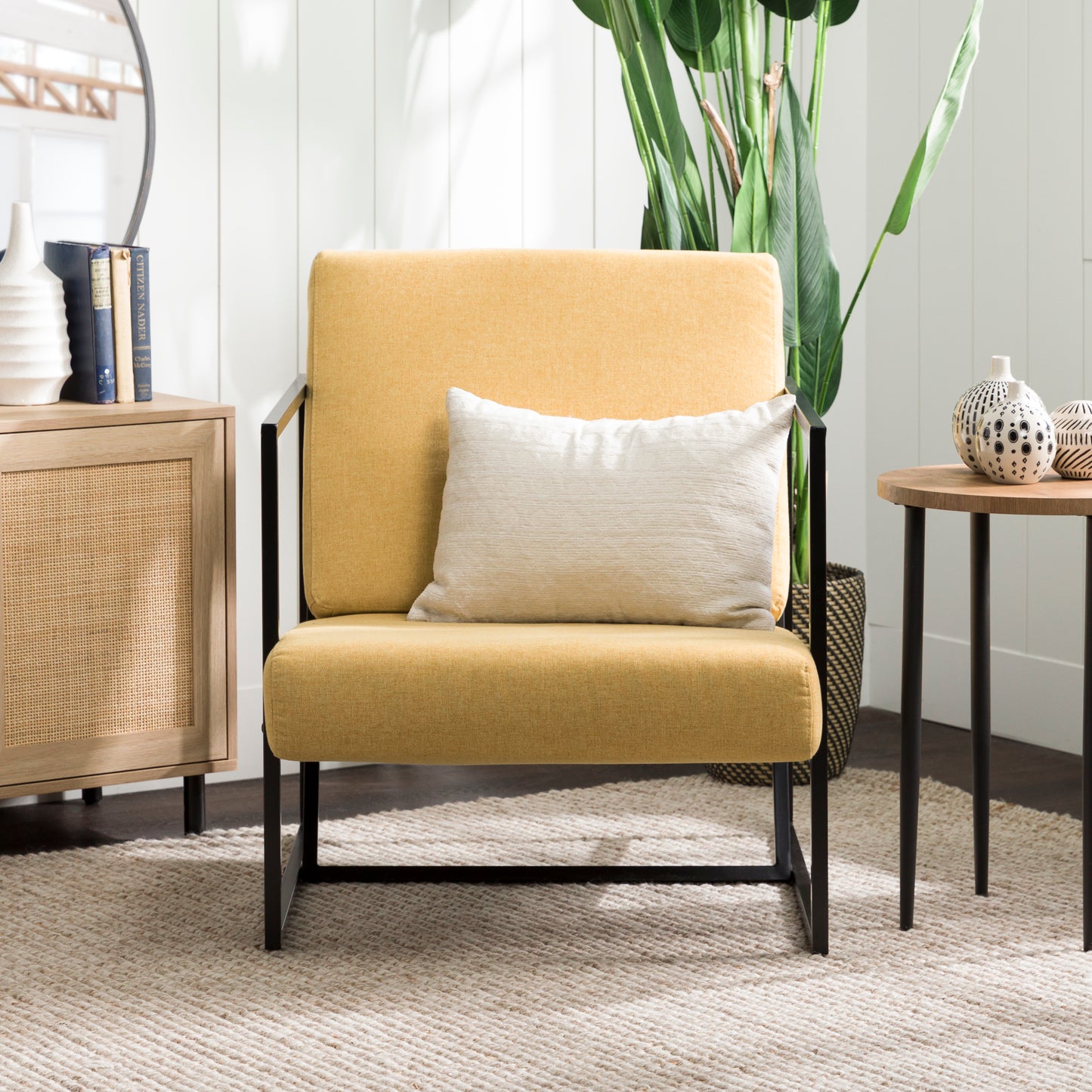 Modern Upholstered Fabric Chair with Metal Frame – Mustard