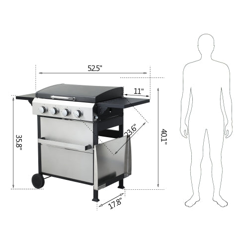 Propane Gas Grill 4 Burner Barbecue Grill, Stainless Steel 34,000 BTU Patio Garden Barbecue Grill with Two Shelves, Lid, Wheels and Bottle Opener