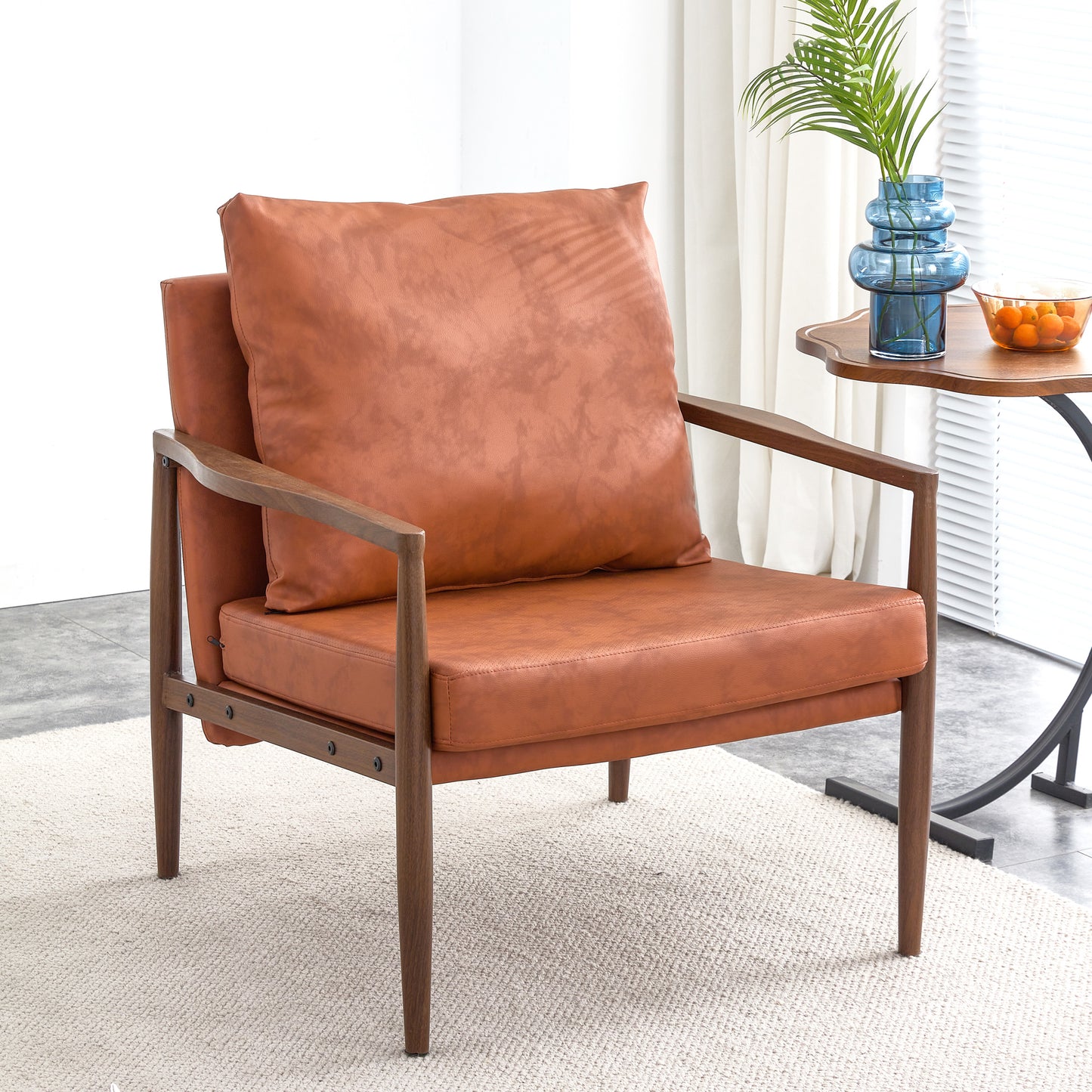 PU Leather Accent Arm Chair Mid Century Modern Upholstered Armchair with Imitation solid wood Walnut color Metal Frame Extra-Thick Padded Backrest and Seat Cushion Sofa Chairs for Living Room