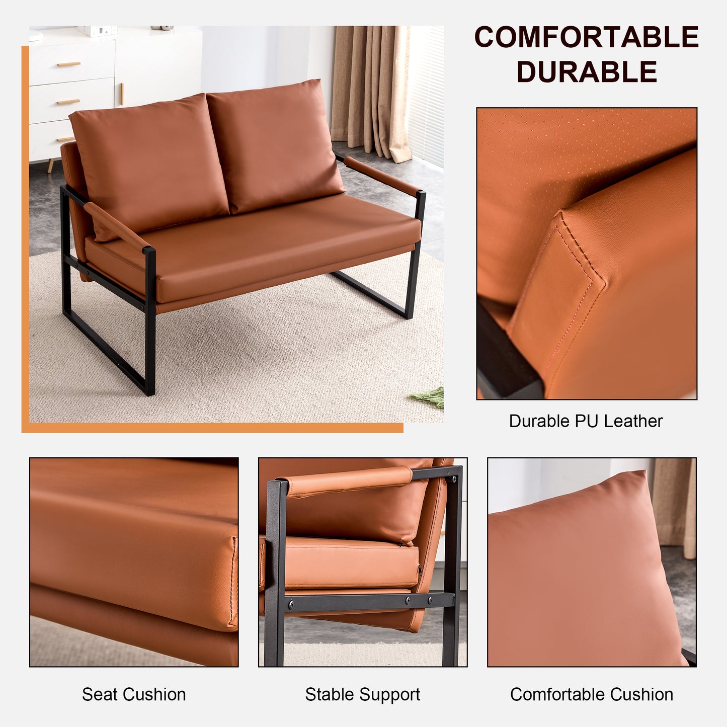 Modern Two-Seater Sofa Chair with 2 Pillows - PU Leather, High-Density Foam, Black Coated Metal Frame.Brown SF-D008