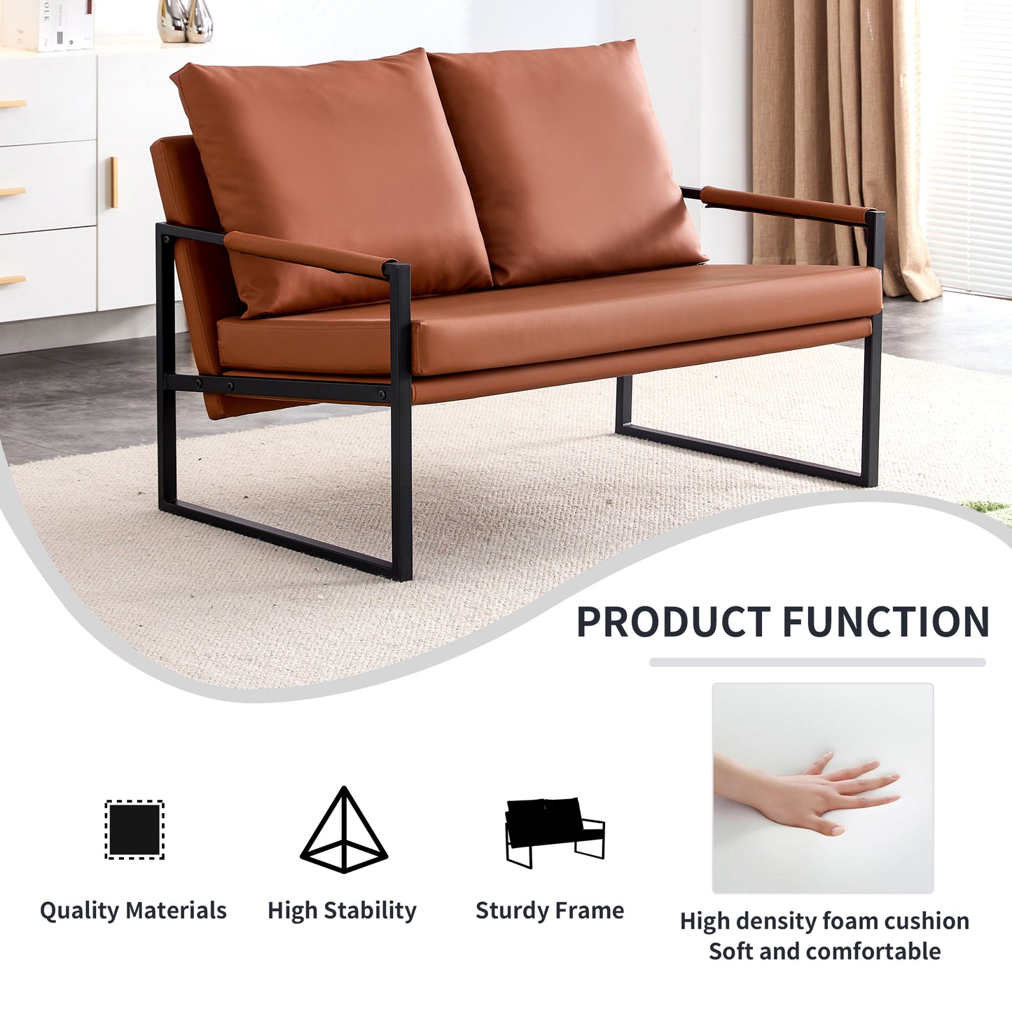 Modern Two-Seater Sofa Chair with 2 Pillows - PU Leather, High-Density Foam, Black Coated Metal Frame.Brown SF-D008