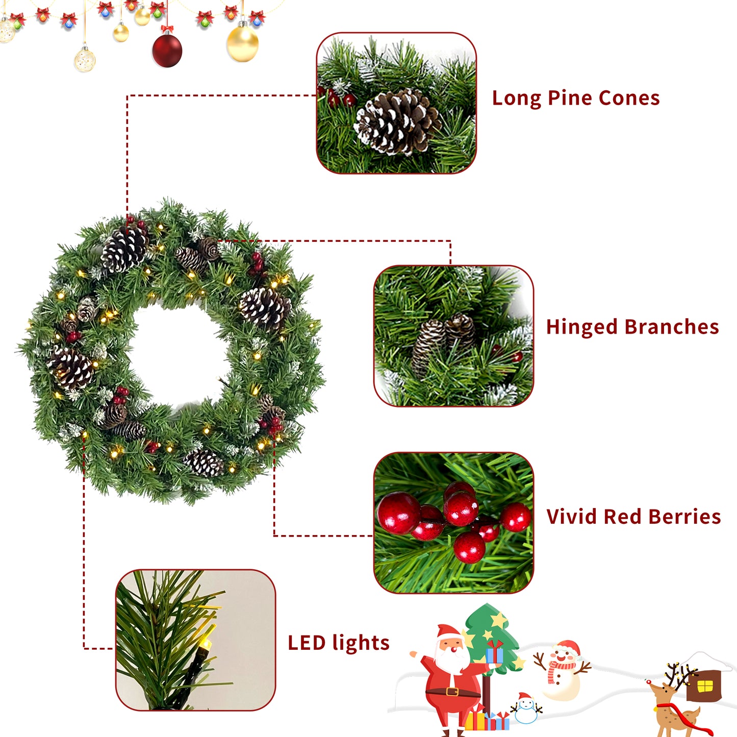 Pre-lit Xmas Tree Artificial Christmas 4-Piece Set,Garland, Wreath and Set of 2 Entrance Trees X-mas with LED Lights, Christmas Tree