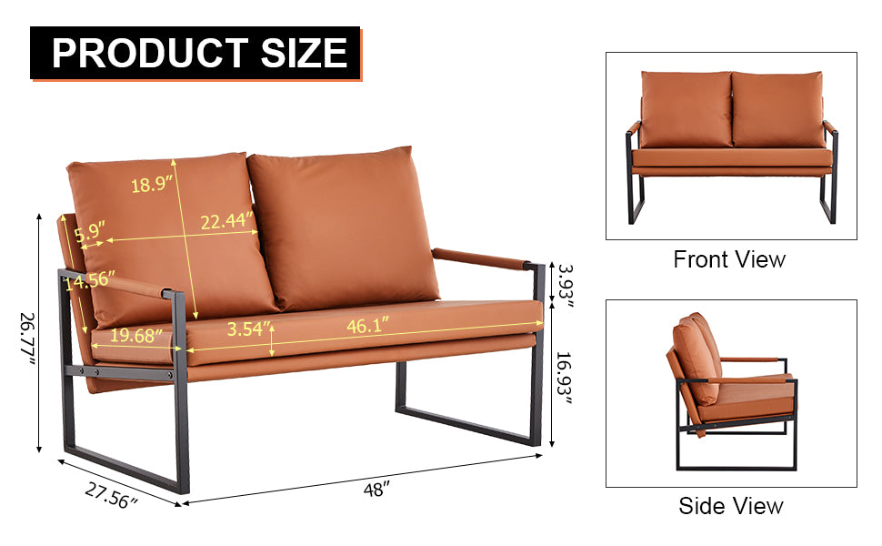 Modern Two-Seater Sofa Chair with 2 Pillows - PU Leather, High-Density Foam, Black Coated Metal Frame.Brown SF-D008