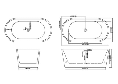 【Spot】-59" Acrylic Freestanding Bathtub-Acrylic Soaking Tubs, White Bathtub, Oval Shape Black Freestanding Bathtub With Chrome Overflow and Pop Up Drain