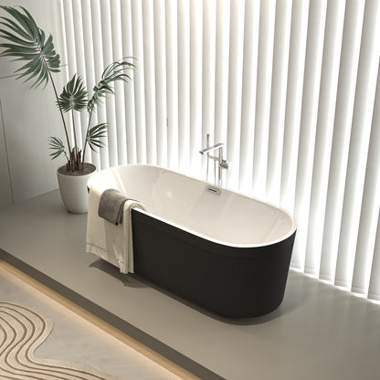 【Spot】-59" Acrylic Freestanding Bathtub with Unique Pleated Design: Spacious Oval Shape, Gloss Black Finish, Chrome Overflow & Pop-Up Drain