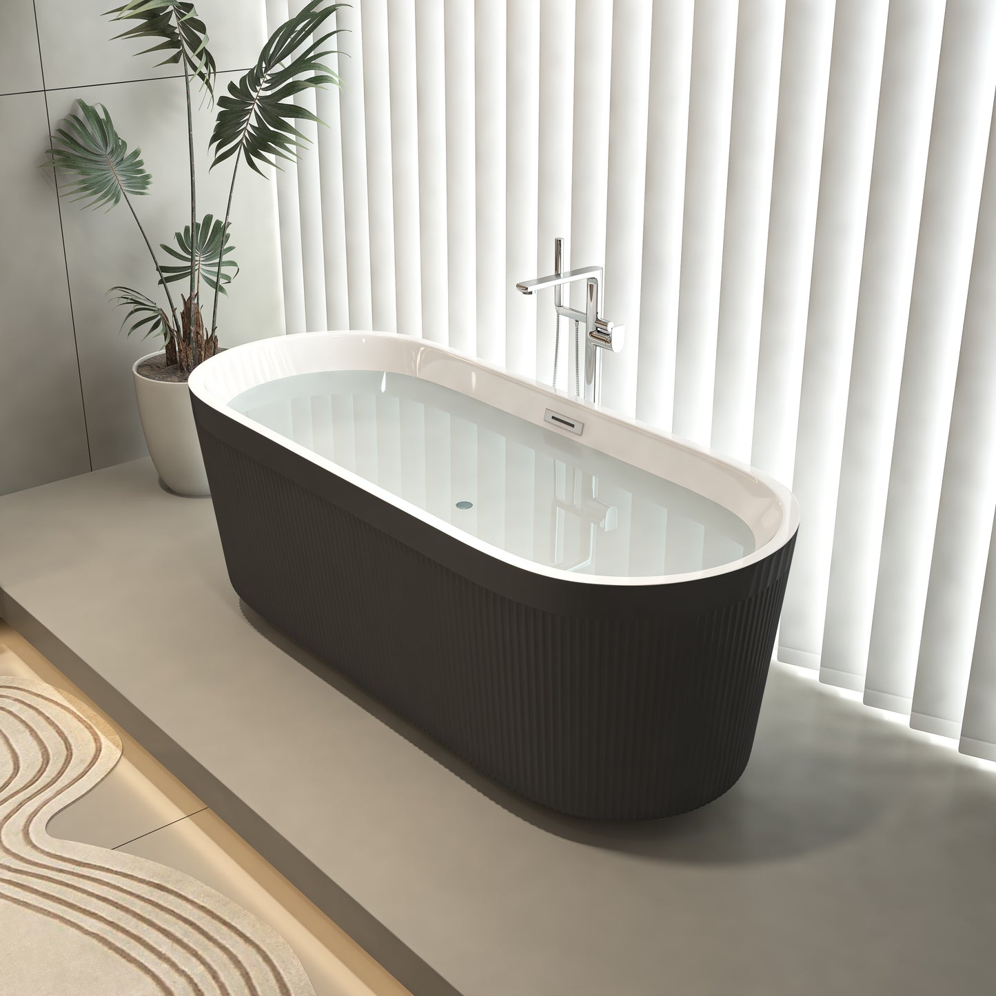 【Spot】-59" Acrylic Freestanding Bathtub with Unique Pleated Design: Spacious Oval Shape, Gloss Black Finish, Chrome Overflow & Pop-Up Drain