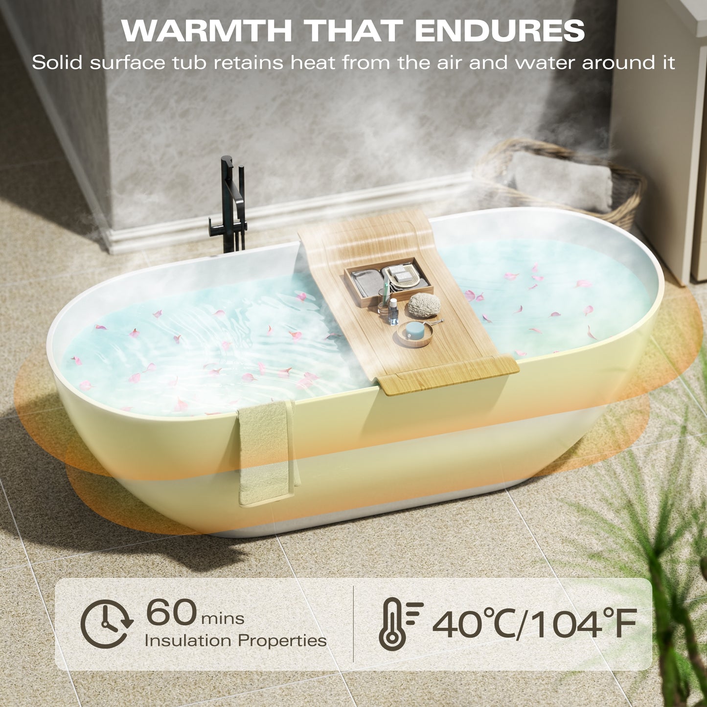 【Spot】-63" Freestanding Solid Surface Bathtub, Luxury Engineered Stone Resin Freestanding Soaking Bathtub with Overflow and Pop-up Drain for Contemporary Bathroom, Matte White 23S03-63MW