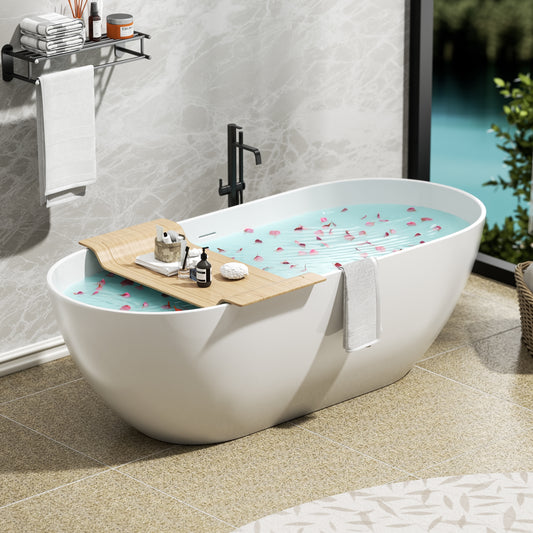 【Spot】-63" Freestanding Solid Surface Bathtub, Luxury Engineered Stone Resin Freestanding Soaking Bathtub with Overflow and Pop-up Drain for Contemporary Bathroom, Matte White 23S03-63MW