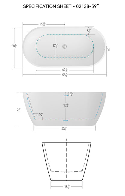 【Spot】-59'' Glossy Acrylic Freestanding Soaking Bathtub with Classic Slotted Overflow and Toe-tap Drain in Chrome, cUPC C ertified,