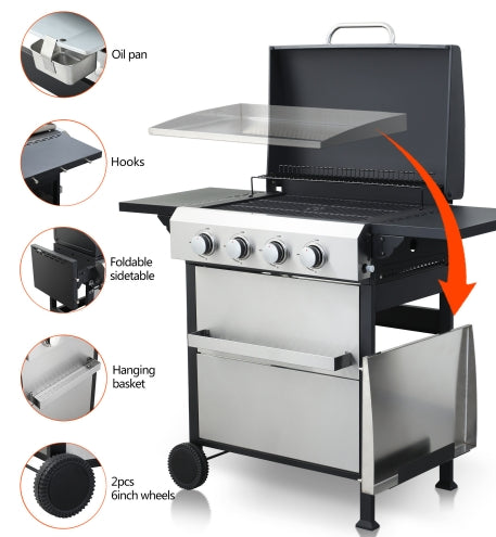 Propane Gas Grill 4 Burner Barbecue Grill, Stainless Steel 34,000 BTU Patio Garden Barbecue Grill with Two Shelves, Lid, Wheels and Bottle Opener