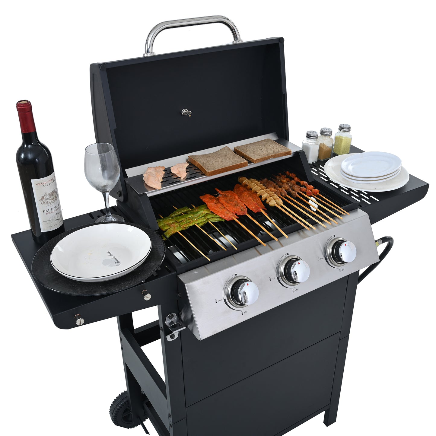 Propane Gas Grill 3 Burner Barbecue Grill, Stainless Steel 26,000 BTU Patio Garden Barbecue Grill with Two Shelves, Lid, Wheels and Bottle Opener