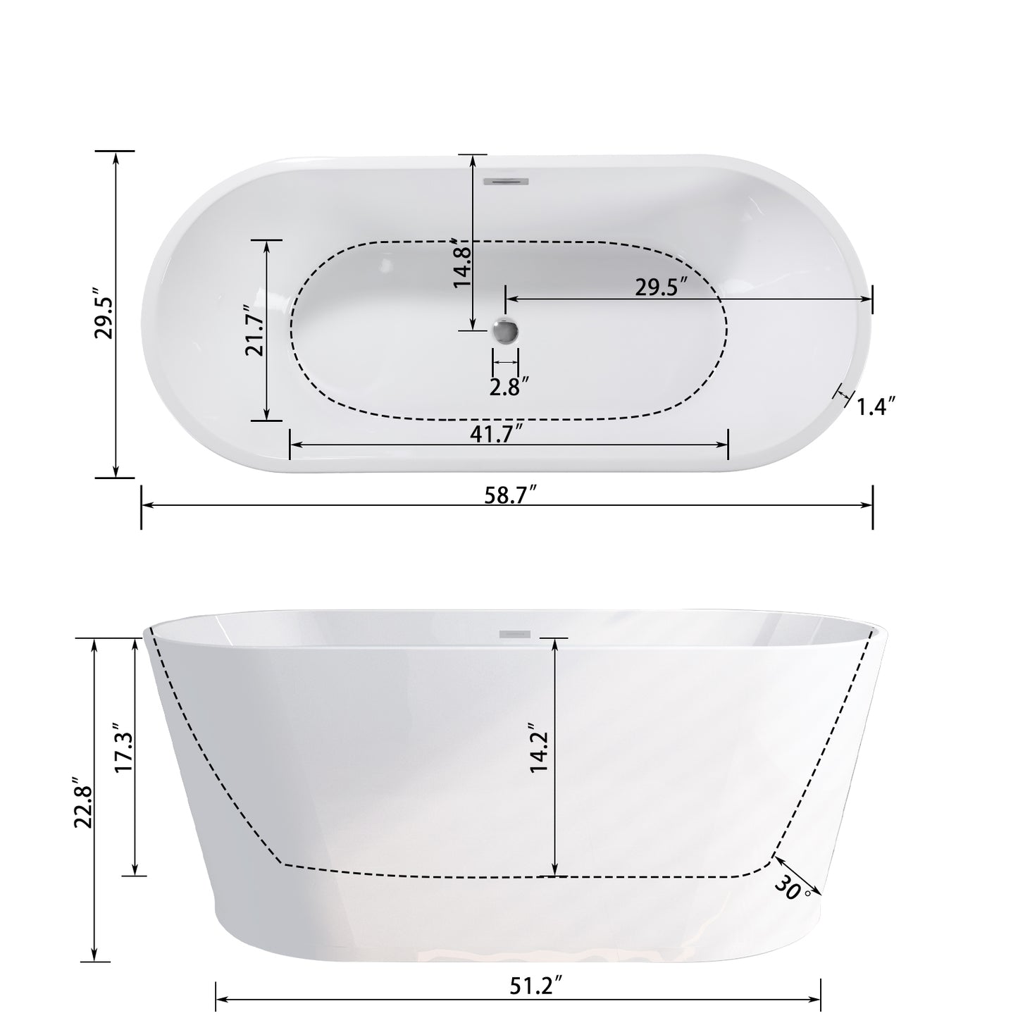 【Spot】-59" Acrylic Freestanding Bathtub-Acrylic Soaking Tubs, White Bathtub, Oval Shape Black Freestanding Bathtub With Chrome Overflow and Pop Up Drain