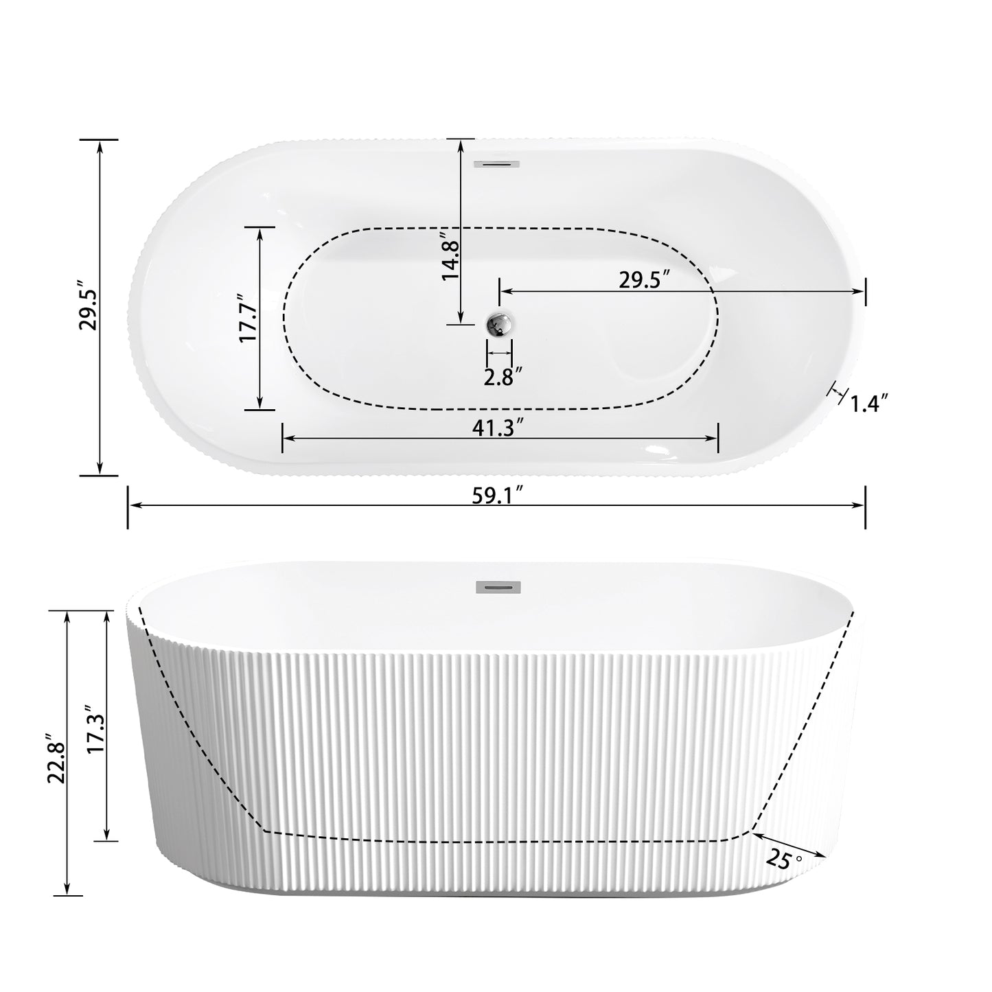 【Spot】-59" Acrylic Freestanding Bathtub-Acrylic Soaking Tubs, Fluted style-Gloss White Freestanding Bathtub With Chrome Overflow and Pop Up Drain