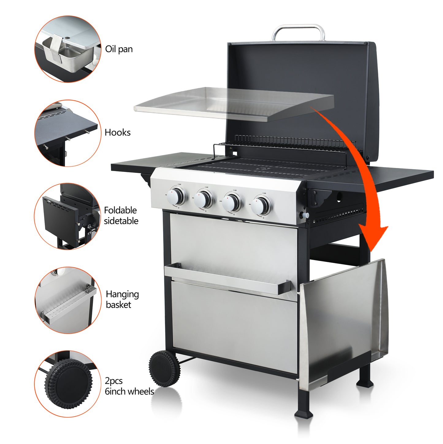 Propane Gas Grill 4 Burner Barbecue Grill, Stainless Steel 34,000 BTU Patio Garden Barbecue Grill with Two Shelves, Lid, Wheels and Bottle Opener