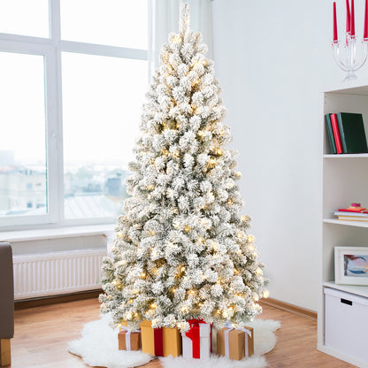 7FT Pre-lit Flocked Christmas Tree with 1,064 Memory Wire Tips – Effortlessly Fluffed, Perfectly Shaped, and Lit with 400 Warm Incandescent Lights Bringing Lasting Elegance and Wase to Your Holiday