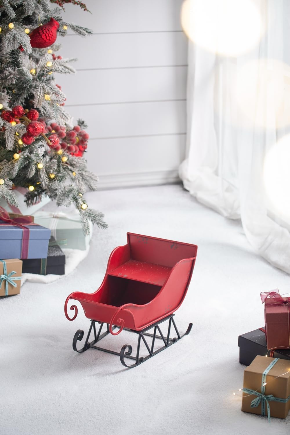 14.5x10x11"H Iron Red/Black Sleigh Small, Distressed Christmas Santa Sleigh Holiday Tabletop/Hanging Decoration