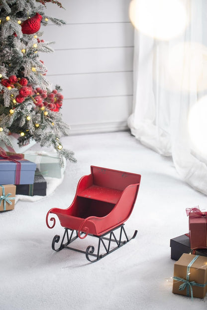 14.5x10x11"H Iron Red/Black Sleigh Small, Distressed Christmas Santa Sleigh Holiday Tabletop/Hanging Decoration