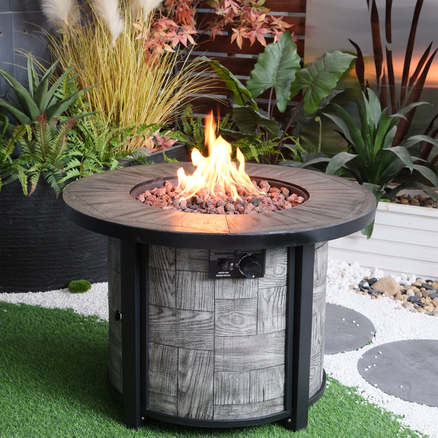 Outdoor Propane Fire Pit, Square Stonecrest Gas Fire Pit for Outside Patio, Concrete Propane Fire Table 50,000 BTU Gas Fire Pit w Lava Rocks, Waterproof Cover