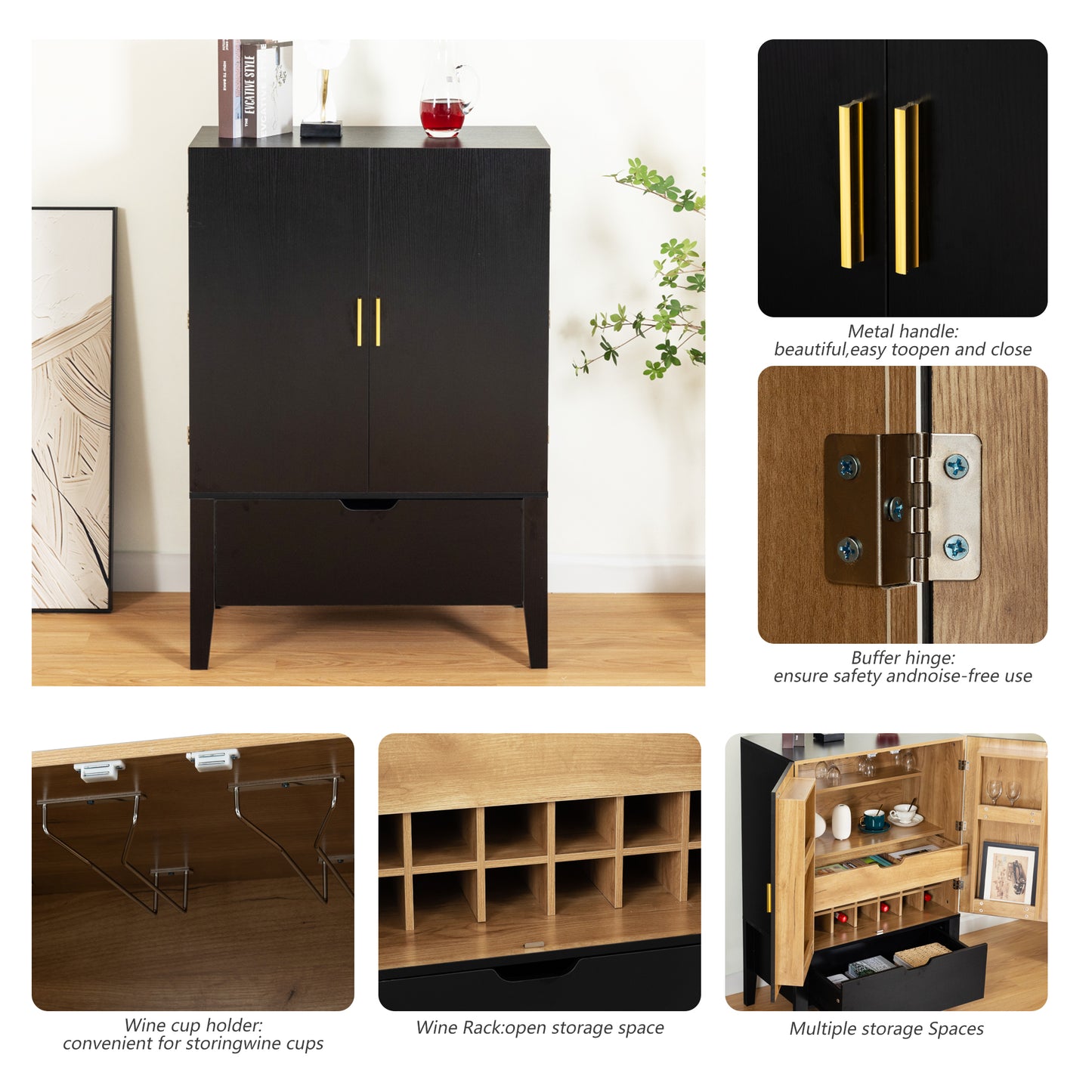 Lockers,side cabinets,Wine Bar Cabinet,Liquor Storage Credenza,Sideboard with Wine Racks & Stemware Holder,Wine glass holder,Metal handle, placed in family bars,hallways,living rooms