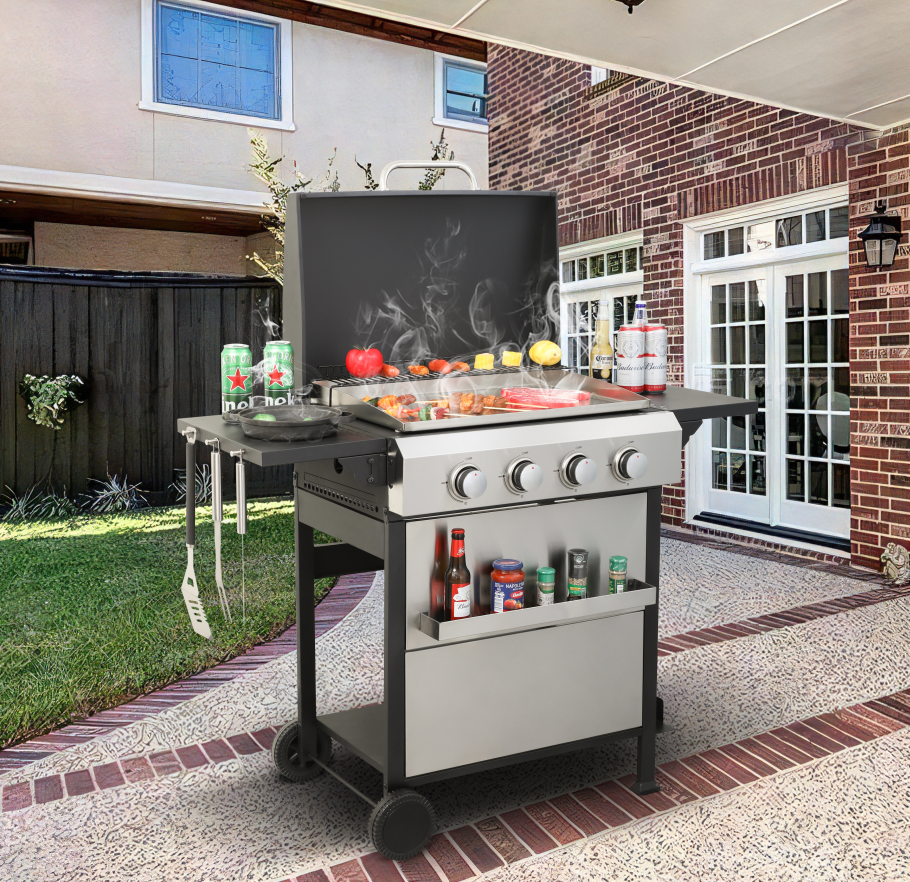 Propane Gas Grill 4 Burner Barbecue Grill, Stainless Steel 34,000 BTU Patio Garden Barbecue Grill with Two Shelves, Lid, Wheels and Bottle Opener