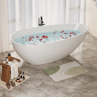 【Spot】-59" Freestanding Solid Surface Bathtub, Luxury Handcrafted Stone Resin Freestanding Soaking Bathtub with Overflow and Pop-up Drain, Glossy White 24S02-59GW