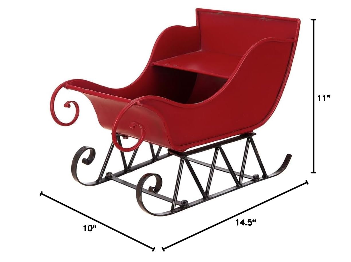 14.5x10x11"H Iron Red/Black Sleigh Small, Distressed Christmas Santa Sleigh Holiday Tabletop/Hanging Decoration