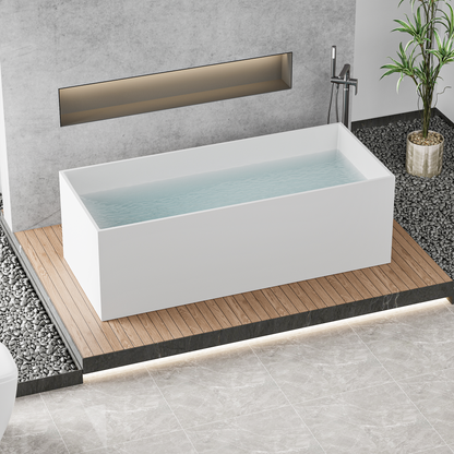 【Spot】-67" Freestanding Solid Surface Bathtub, Stone Resin Freestanding Bath Tub with Overflow and Pop-up Drain, Matte White 24S01-67MW