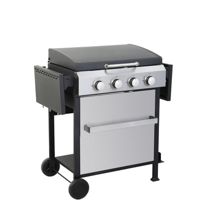 Propane Gas Grill 4 Burner Barbecue Grill, Stainless Steel 34,000 BTU Patio Garden Barbecue Grill with Two Shelves, Lid, Wheels and Bottle Opener