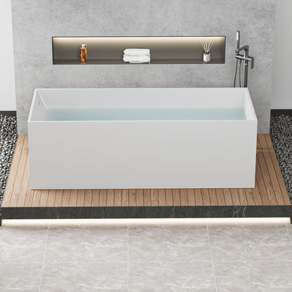 【Spot】-67" Freestanding Solid Surface Bathtub, Stone Resin Freestanding Bath Tub with Overflow and Pop-up Drain, Matte White 24S01-67MW