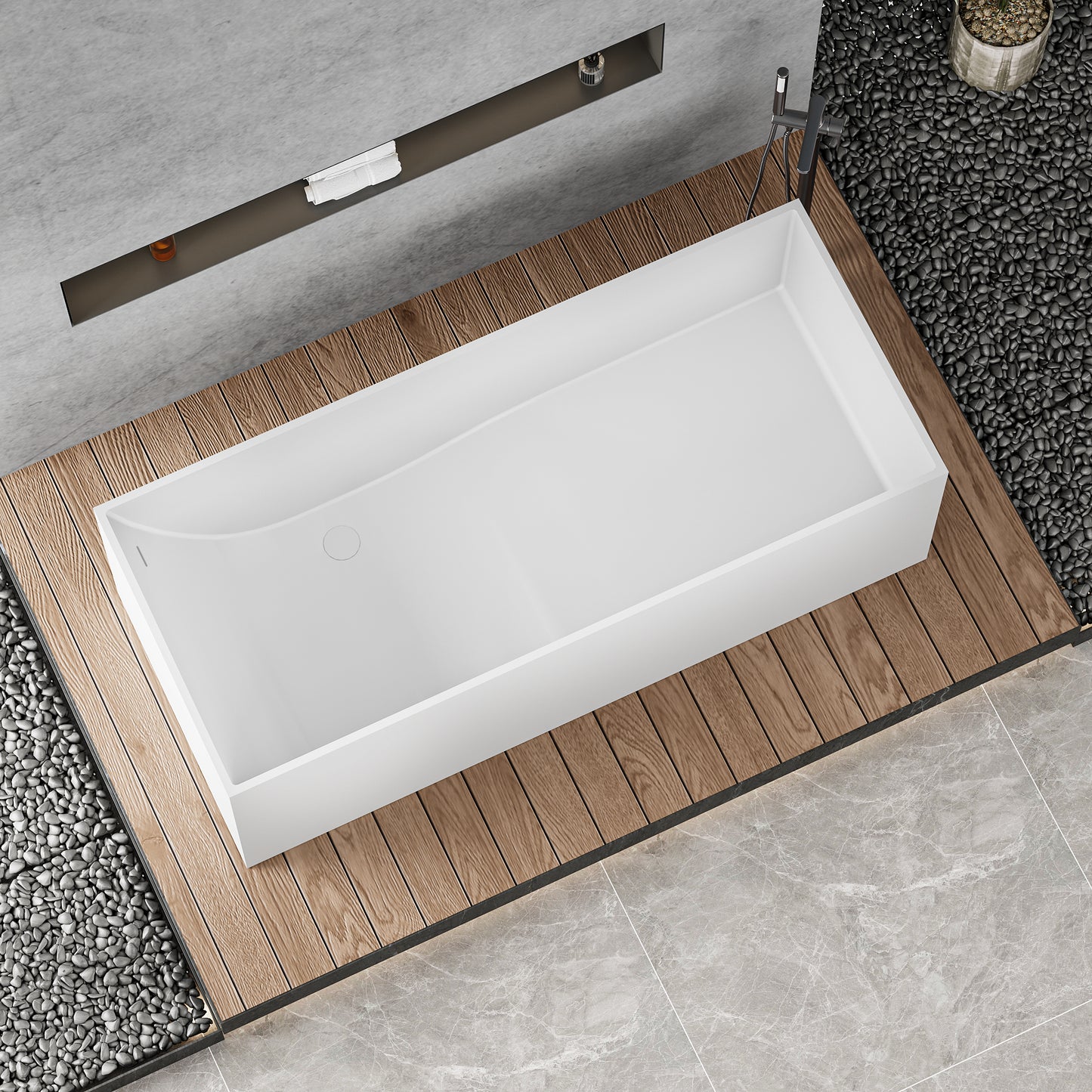 【Spot】-67" Freestanding Solid Surface Bathtub, Stone Resin Freestanding Bath Tub with Overflow and Pop-up Drain, Matte White 24S01-67MW