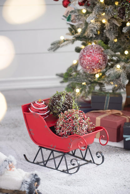 14.5x10x11"H Iron Red/Black Sleigh Small, Distressed Christmas Santa Sleigh Holiday Tabletop/Hanging Decoration