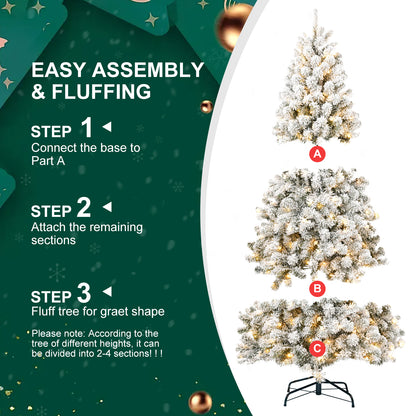 7FT Pre-lit Flocked Christmas Tree with 1,064 Memory Wire Tips – Effortlessly Fluffed, Perfectly Shaped, and Lit with 400 Warm Incandescent Lights Bringing Lasting Elegance and Wase to Your Holiday