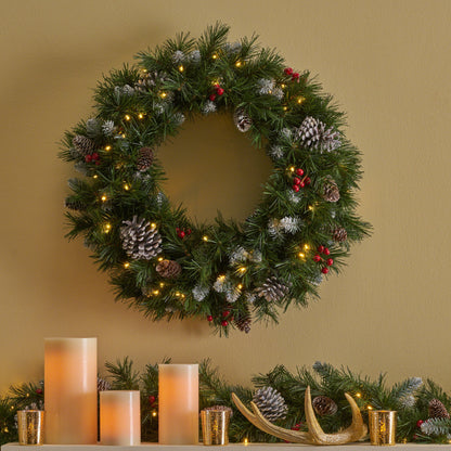 24''Mixed Frosted Wreath with with 16 Pine Cones and 8 Red Berry and 50 Warm White LED Lights with Timer-Battery Operated-Outdoor,180 tips