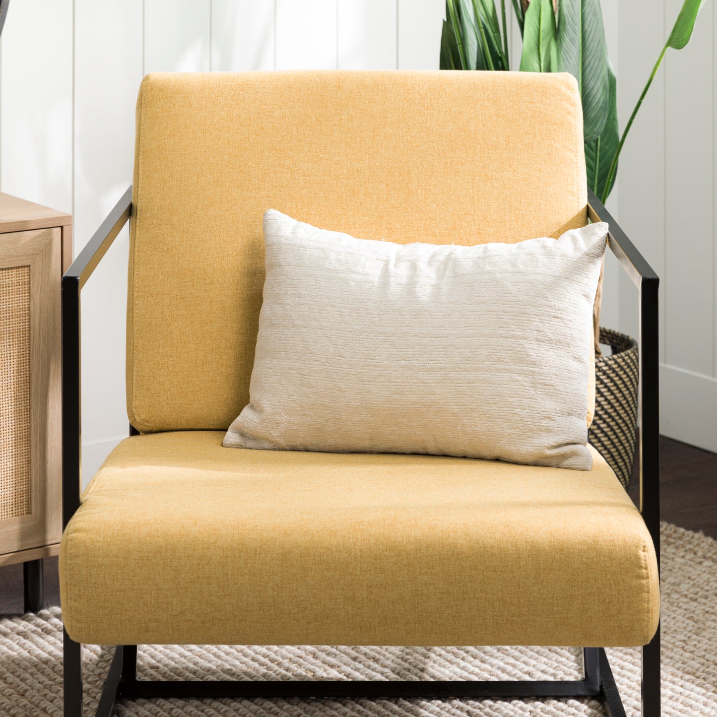 Modern Upholstered Fabric Chair with Metal Frame – Mustard