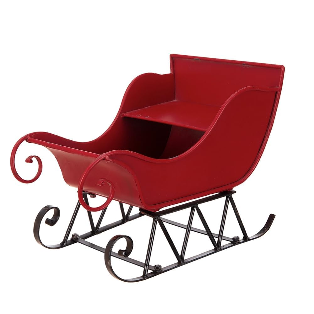 14.5x10x11"H Iron Red/Black Sleigh Small, Distressed Christmas Santa Sleigh Holiday Tabletop/Hanging Decoration