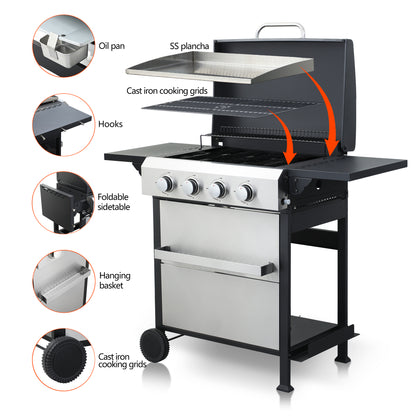 Propane Gas Grill 4 Burner Barbecue Grill, Stainless Steel 34,000 BTU Patio Garden Barbecue Grill with Two Shelves, Lid, Wheels and Bottle Opener