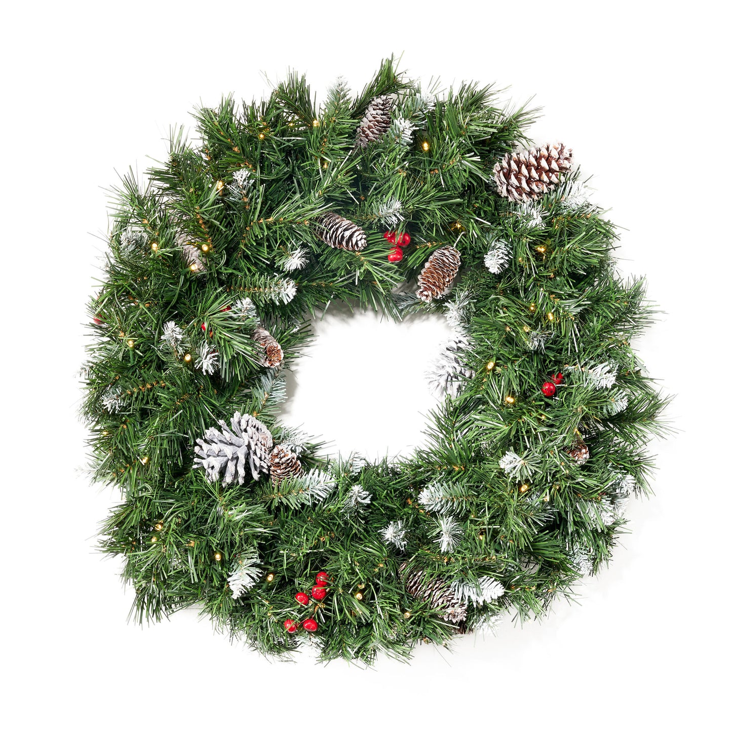 24''Mixed Frosted Wreath with with 16 Pine Cones and 8 Red Berry and 50 Warm White LED Lights with Timer-Battery Operated-Outdoor,180 tips