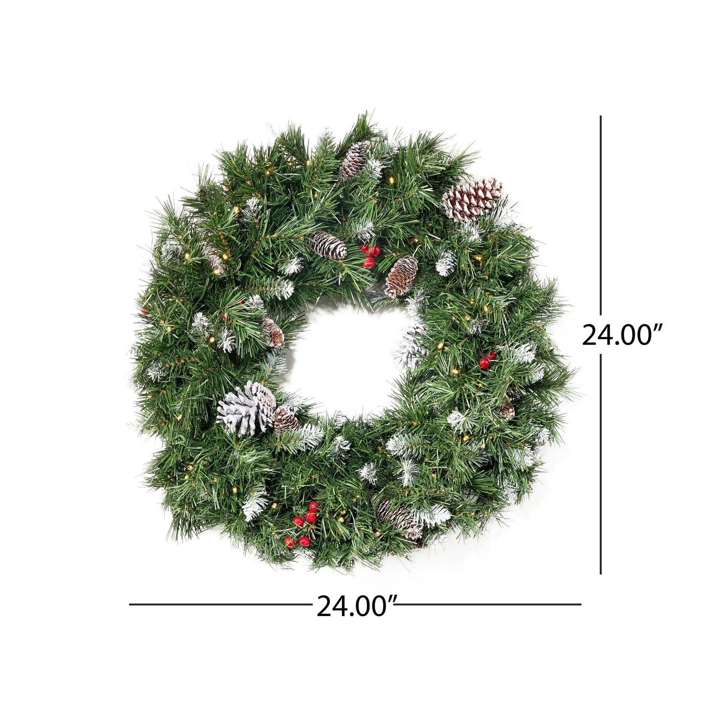 24''Mixed Frosted Wreath with with 16 Pine Cones and 8 Red Berry and 50 Warm White LED Lights with Timer-Battery Operated-Outdoor,180 tips